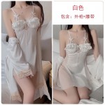 Guiruo Satin Combination Yarn Perspective Lace and Chest Cushion Low Chest Gathering Sleeping Dress Outer Robe Women's Home Furnishing Set 2227