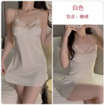 Guiruo Sexy Perspective Mesh Deep V Temptation Satin Pure Desire Sling Sleeping Dress Outer Robe Women's Home Fur Set 1984