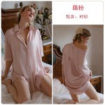 Ruo Ruo Lazy Style Solid Satin Loose Size Short Sleeve Classic Polo Collar Shirt Style Women's Home Sleeping Dress 3685