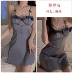 Guiruo Sexy Backless Perspective Lace Collage with Chest Cushion Satin Nightgown Outrobe Women's Home Set P3143