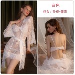 Guiruo Sexy Deep V Temptation Pajamas Sweet Lace Hot Strap Sleeping Dress Lace up Outer Robe Women's Home Fury Set