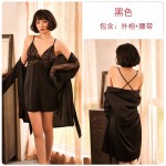 Guiruo Sexy Deep V Satin Patch Lace Perspective Open Back Suspended Sleeping Dress Lace up Outer Robe Home Suit Set 780