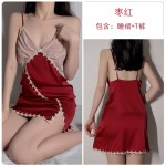 Guiruo Summer Thin Ice Silk Pajamas Women's Sexy Deep V Lace Open Back Pajama Dress Home Suit Set 1216