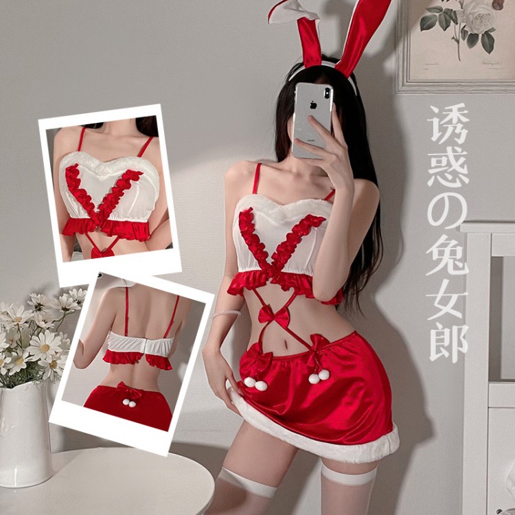 Guiruo Fun Lingerie Rabbit Girl Role Play Christmas Small Chest Velvet Strap Wrap Hip Skirt Temptation Set 2434