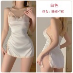 Guiruo Fun Underwear Sexy V-neck Satin Panel Lace Side High Split Strap Sleeping Dress Set 638