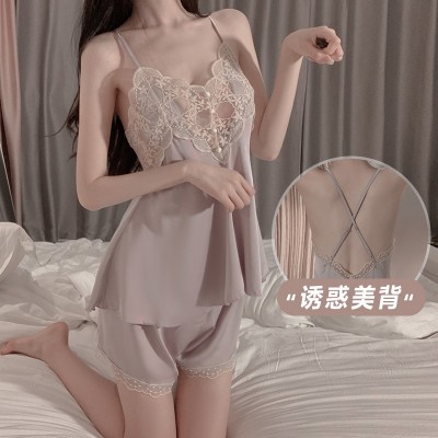 Guiruo Spring/Summer Solid Color Girls' Pajamas Lace Perspective Temptation Satin Suspender Shorts Home Suit Set 2196