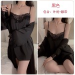 Guiruo Lingerie Satin Lace Sexy Deep V Hollow Lace Lace Double Split Sling Sleeping Dress Outer Robe Home Set 542