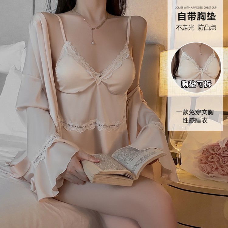 Guiruo Summer New Ice Silk Three Piece Set with Chest Pads Gathered Pajamas, Ruffle Edge Outer Robe, Homewear Set 3555