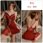 Guiruo Sexy Strap Ice Silk Pajamas French Lace Backless and Chest Cushion Suspended Sleeping Dress Outer Robe Home Suit 3340