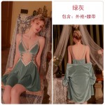 Guiruo Velvet Deep V Open Back Lace and Chest Cushion Bow Knot Sleeping Dress Comfortable Outer Robe Women's Home Suit Set 2825