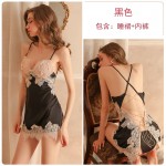 Guiruo Autumn and Winter Sexy Lace Low cut Pajamas with Lace Lace Lace Lace Lace Lace Lace Lace Lace Backless Satin Thin Sling Dress Home Suit Set 966