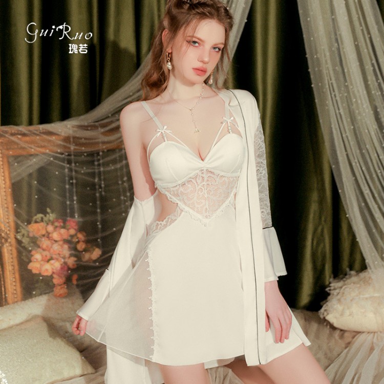 Guiruo Pure Desire Style Satin Patched Lace Sexy V-neck with Chest Pads Perspective Hollow Sleeping Dress Outer Robe Set 2978