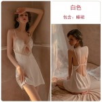 Guiruo Sexy Pajamas Women's Thin Lace Solid Color Hanging Pajama Dress Lace Bathrobe Pajama Home Suit Set 1487