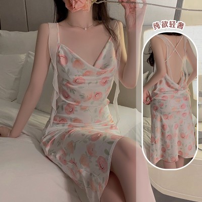 Guiruo Fashion Swinging Neck Ribbon Decoration Sexy Cross Back Pure Desire Printing Satin Sling Home Sleeping Dress 3798