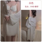 Guiruo Solid Satin Transparent Yarn with Chest Cushion Deep V Sexy Open Back Sleeping Dress Outer Robe Home Suit Set 3253