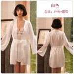 Guiruo Sexy Deep V Satin Patch Lace Perspective Open Back Suspended Sleeping Dress Lace up Outer Robe Home Suit Set 780