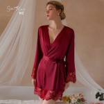 Ruo Ruo Lazy Wind Satin Lace Open Deep V Temptation Lace Comfortable Slim Fit Women's Homewear Nightgown 19183