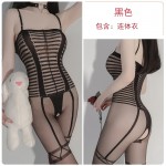 Guiruo Fun Lingerie Women's Jumpsuit Socks Sexy Perspective Attractive Stripe Open Stop No Take Off Socks Set Issued on behalf of 8034