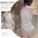 Guiruo Underwear Satin Perspective Lace 3D Bow Sexy Open Front Boyfriend Style Shirt Home Sleeping Dress 3447