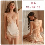 Guiruo Autumn and Winter Sexy Lace Low cut Pajamas with Lace Lace Lace Lace Lace Lace Lace Lace Lace Backless Satin Thin Sling Dress Home Suit Set 966