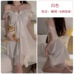 Guiruo Sexy Open Back Ice Silk and Chest Cushion Gather Large Size Pajamas with Waist Strap Pajama Dress Home Suit Set 2535