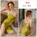 Guiruo Spring/Summer French Simple Open Back Strap Ice Silk Sling Sleeping Dress Mesh Outer Robe Women's Home Fur Set 3430