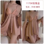 Guiruo Sexy Open Front Hollow Through Deep V Lace Satin Suspended Nightgown Outrobe Women's Home Set 2661