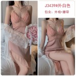 Guiruo Summer Sexy Open Back Ice Silk with Chest Cushion Suspended Sleeping Dress Simple Mesh Outer Robe Home Suit Set 3372