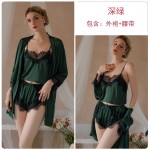 Guiruo Summer Sexy Ice Silk Splice Lace Suspender Top Shorts Outer Robe Women's Home Suit Set 19072