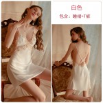 Guiruo Sexy Deep V Satin Lace Suspended Dress with Open Back Lace Outer Robe Thin Sleepwear Home Suit Set 1203