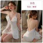 Ruo Ruo Satin Lace Sexy Deep V with Chest Pads Cross Back Seduction Sleeping Skirt Outer Robe Home Suit Set 3235