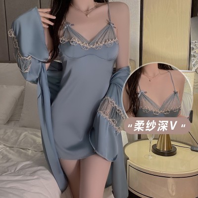 Guiruo Sexy Perspective Mesh Deep V Temptation Satin Pure Desire Sling Sleeping Dress Outer Robe Women's Home Fur Set 1984