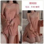 Guiruo Satin Lace Lace Hollow Splice Lace Simple and Comfortable Hanging Strap Sleeping Dress Outer Robe Women's Homewear Set 542