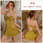 Guiruo Sexy Backless Temptation with Chest Pads Gathered Satin Suspender Sleeping Dress Outer Robe Women's Home Furnishing Set C3461