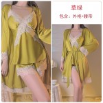 Guiruo Lingerie Sexy Deep V Plus Chest Pads Sweet Lace Satin Top, Shorts, Outer Robe, Women's Homewear Set