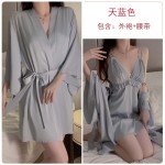 Guiruo Satin Lace Perspective Deep V Drawstring Waist Waist Slim Slim Hanging Strap Sleeping Dress Outer Robe Women's Home Set 3210