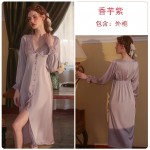 Guiruo brand sexy solid color pajamas casual and comfortable V-neck ice silk long outerwear for women's home wear set 2192