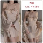 Guiruo Sexy Backless Perspective Lace Collage with Chest Cushion Satin Nightgown Outrobe Women's Home Set P3143