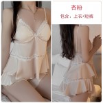 Guiruo Summer New Ice Silk Three Piece Set with Chest Pads Gathered Pajamas, Ruffle Edge Outer Robe, Homewear Set 3555