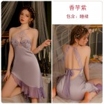 Guiruo Sexy Backless Temptation with Chest Pads Gathering Lace Perspective Temptation Pure Desire Qipao Home Set P3346