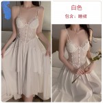 Guiruo Satin Deep V Lace Perspective and Chest Cushion Steel Ring Gathering Long Sleeping Dress, Outer Robe, Home Suit Set J2987