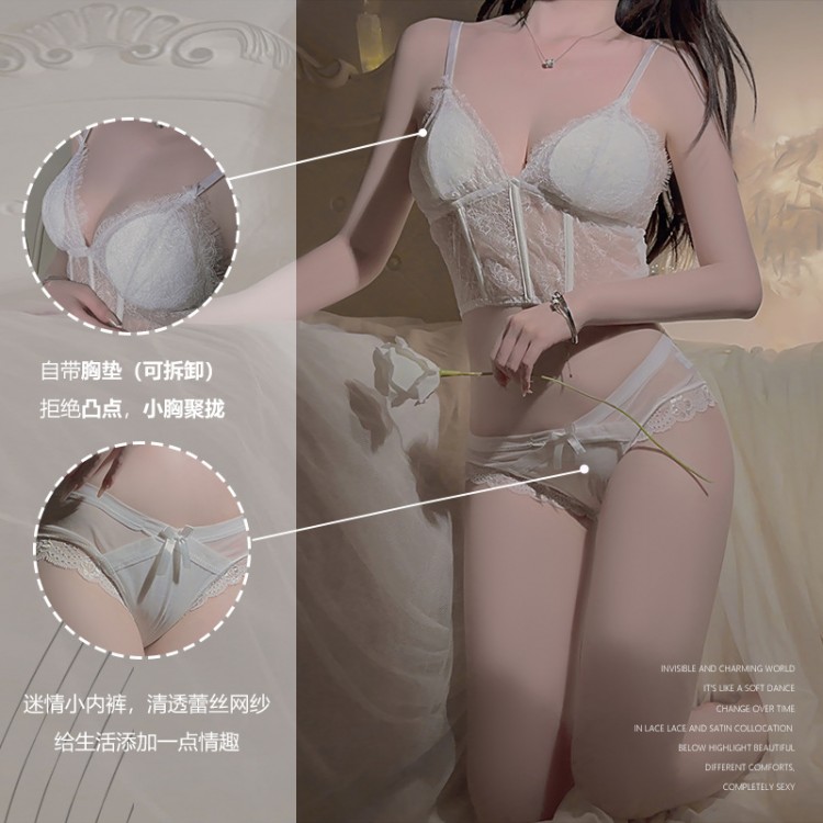 Guiruo Pure Desire for Perspective Lace and Chest Cushion Deep V Temptation Three Point Suspender Top Collar Shorts Uniform Set