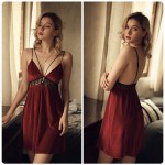 Guiruo Brand European Beauty Sexy Hollow Deep V Lace Splice Velvet Open Back Suspended Sleeping Dress Home Suit 566