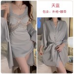 Guiruo Solid Satin Contrast Jacquard Lace and Chest Cushion Sexy Backless Nightgown Outrobe Home Suit Set 1187