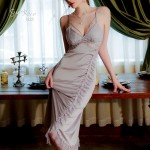 Guiruo Brand Sexy Deep V Lace Chest Cushion Hollow Solid Satin Women's Home Slim Sleeping Dress Set J3122