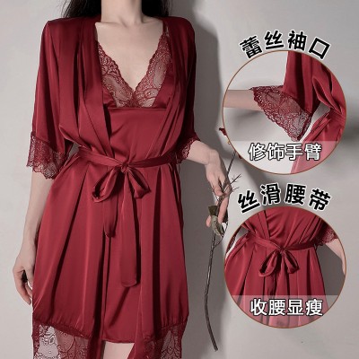 Guiruo Pajamas Sexy Deep V Lace Satin Solid Tone Suspended Nightwear, Nightgown, Bathrobe, Home Furnishing Set Sent on behalf of 245