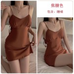 Guiruo Lingerie Summer Solid Color Ice Silk Waist Slim Lace Up Fold Suspended Sleeping Dress Outer Robe Home Set 1517