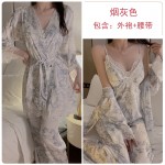 Guiruo Satin Sweet Lace Deep V with Chest Pad Printed Strap Top Long Outrobe Home Suit Set 3804