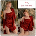 Guiruo Sexy Satin One Line Neck Pleated Open Back Strap Wrapped Waist Slim Sleeping Dress Outer Robe Home Suit Set 3469