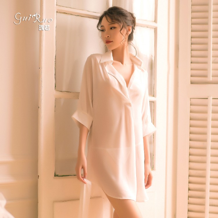 Guiruo New Chiffon Sexy Sleepwear Women's Spring/Summer Long White Shirt Fun Underwear Korean Version Shirt 243